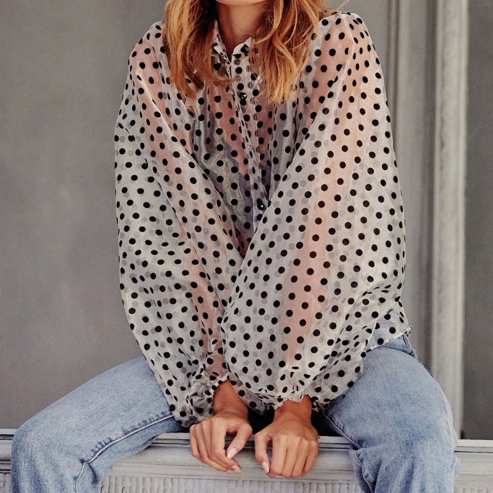 Polka Dot Print Organza Blouse with Balloon Sleeves